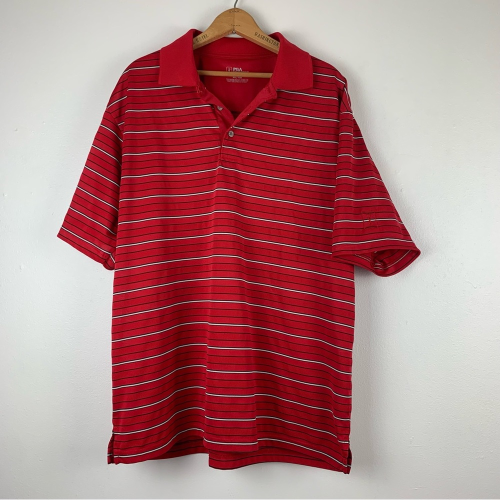 PGA Tour Shirt Men XL Polo Red Striped Short Sleeve Polyester Golf